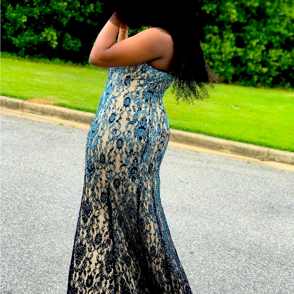 Elegant Cream and Blue Strapless Bodycon Dress for Prom
